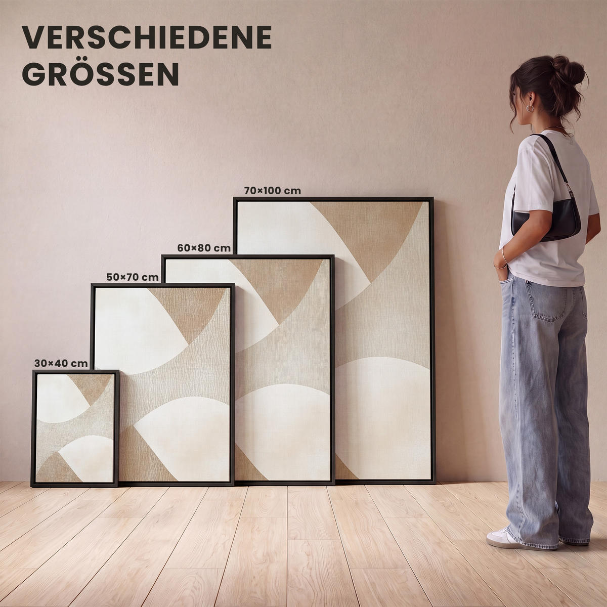 LEINWAND Bilder mit Rahmen - Braun - Japandi - Abstrakt - 50x70 - Sandfarben, Textil (50/70cm) - MuchoWow