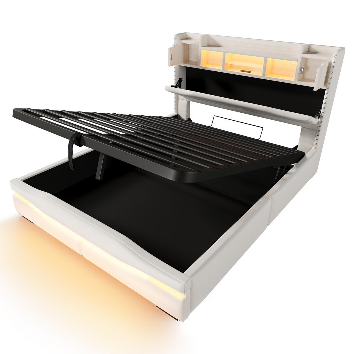 POLSTERBETT 160x200cm Beige USB-C LED-Licht Kopfteil Hydraulik - Beige, Holz (160/200cm) - FLIEKS