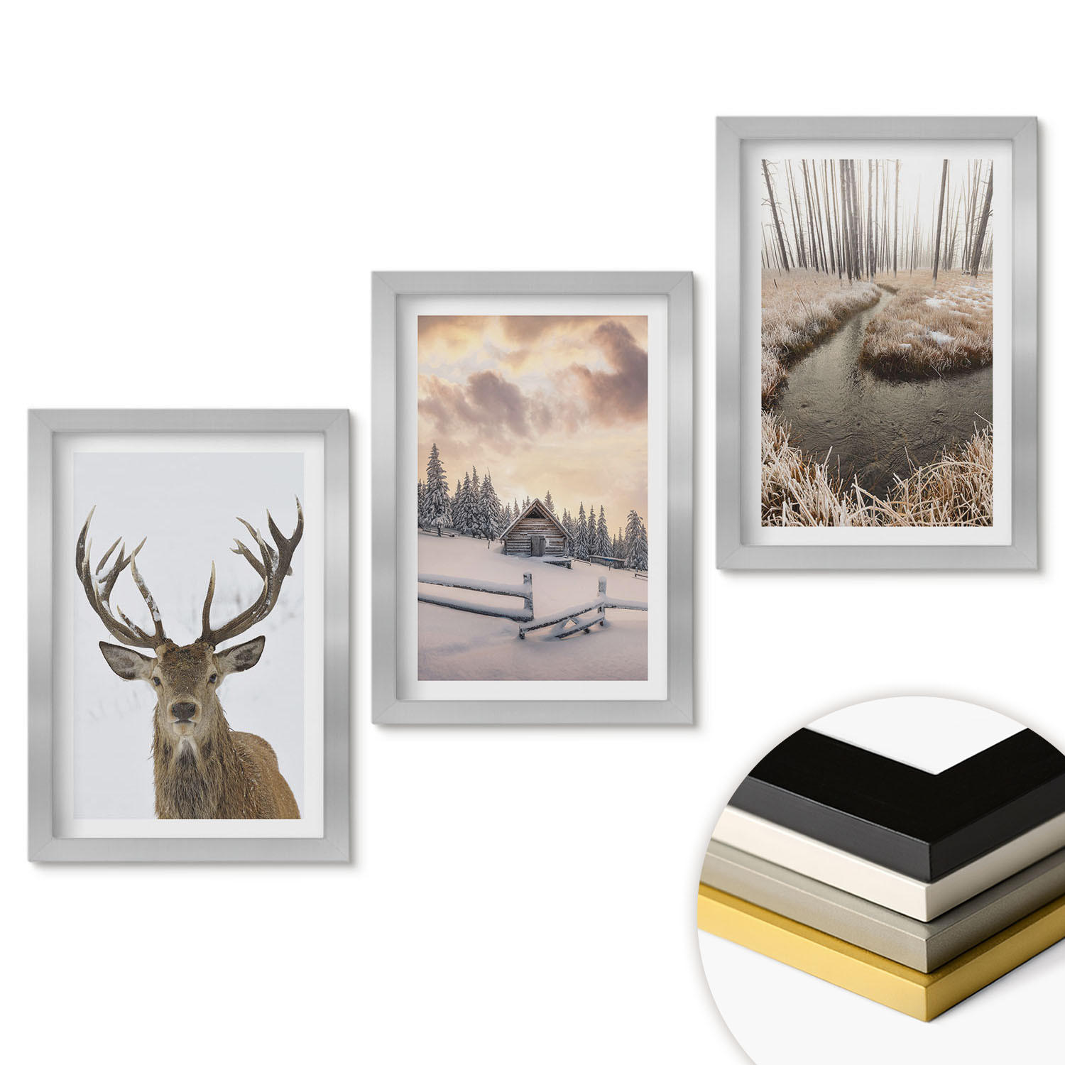 WANDBILDER 3er Set - 20x30 cm Silberner Rahmen - Hirschhütte in Winterlandschaft - Silberfarben, Kunststoff (20/30cm) - ArtPrintCave