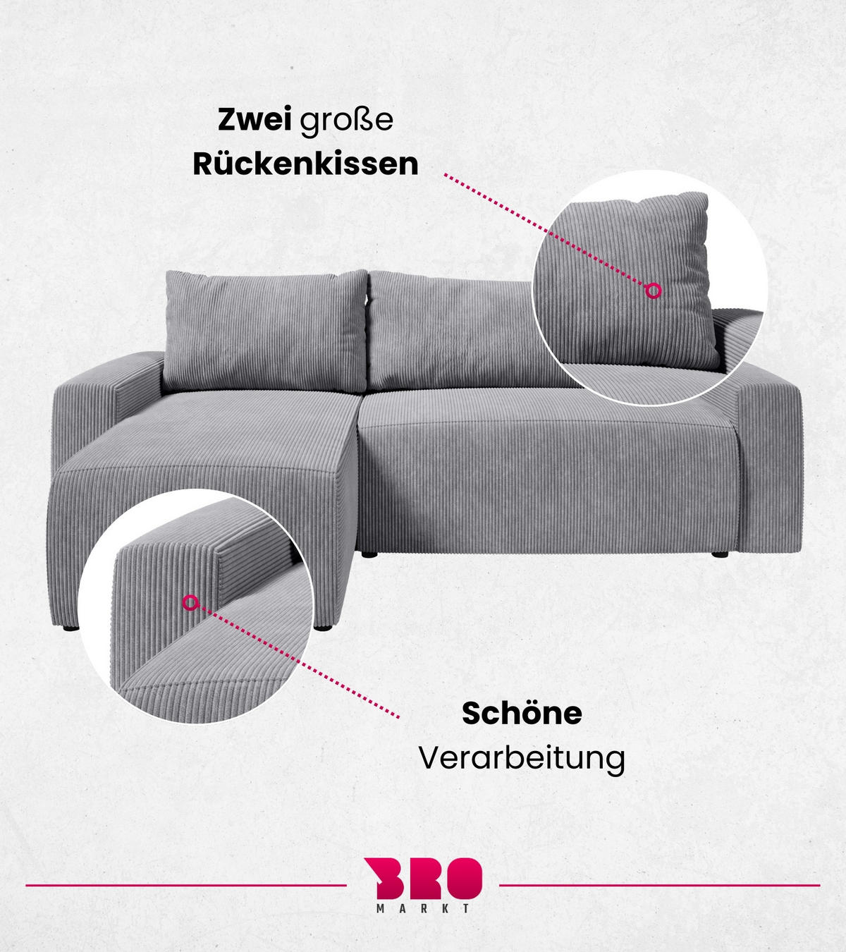 ECKSOFA PLUSH mit Schlaffunktion Grau Cord - Grau, Textil (240/145cm) - Bromarkt