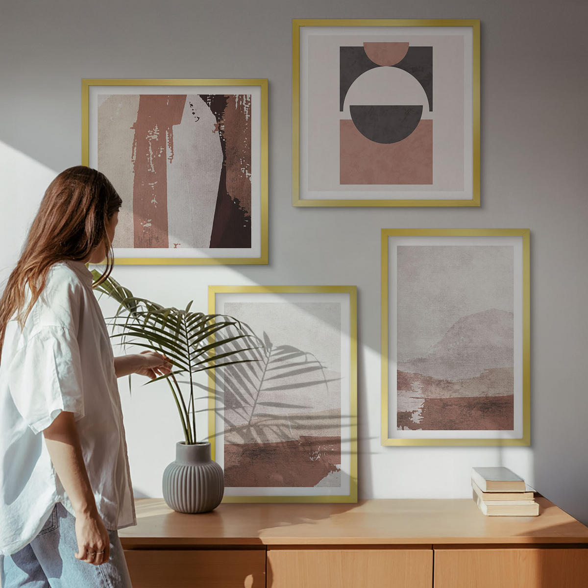 BILDER SET 4er Set - 50x50 cm & 40x60 cm Goldrahmen - Abstrakte braune Muster - Goldfarben, Kunststoff (50/50cm) - TULUP