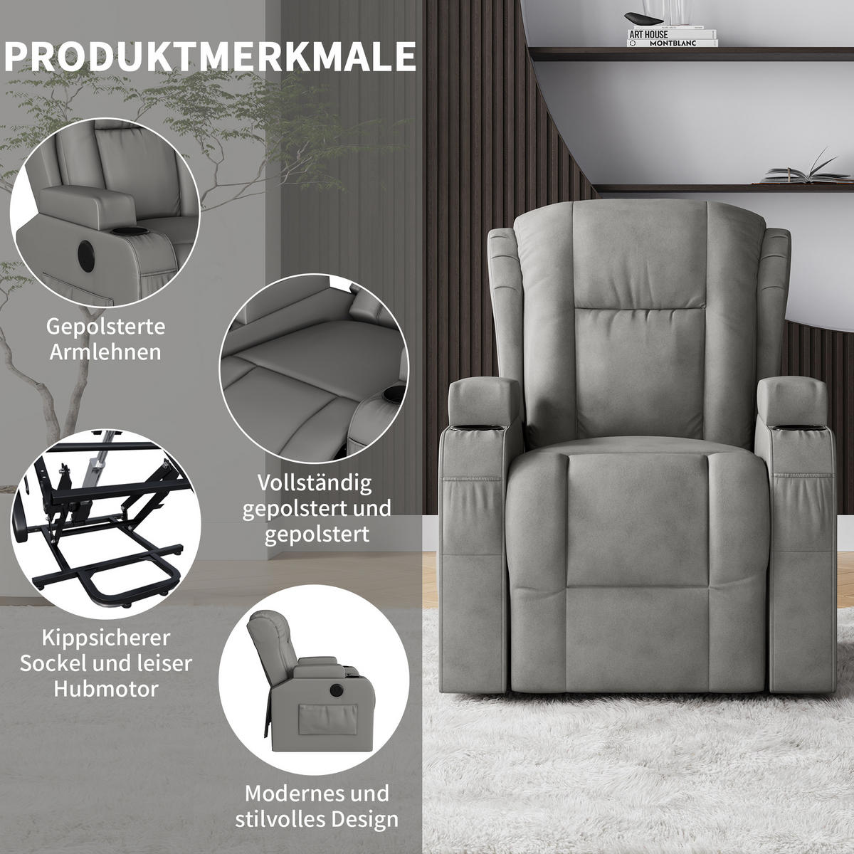 ELEKTRICKÉ masážne kreslo s funkciou vyhrievania, USB, sivé - sivá, drevo (93/105/102cm)