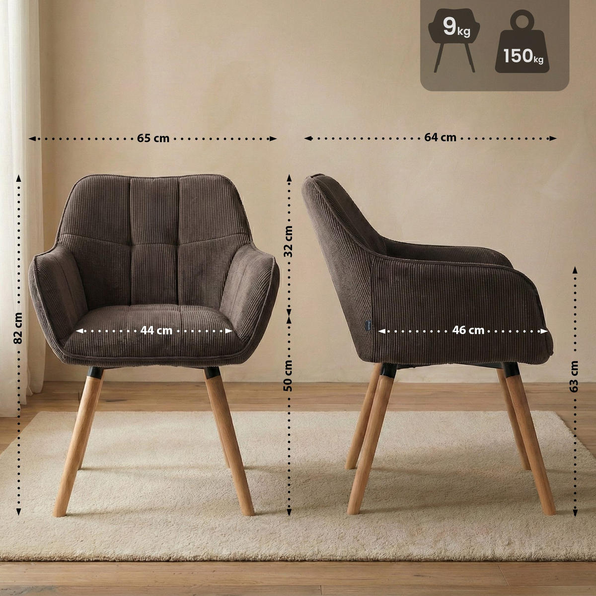 ARMLEHNENSTUHL Cord Braun - Eukalyptusholzfarben/Braun, Holz/Textil (65/82/64cm) - CLP