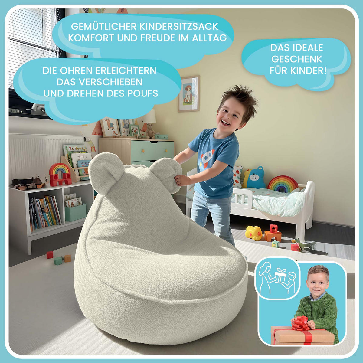 SITZSACK FÜR KINDER Maus 75/75/55 cm, weicher Bouclé 315 g/m², abnehmbarer Bezug, Lamb Cloud - Creme, Textil (75/55/75cm) - Dreamroots