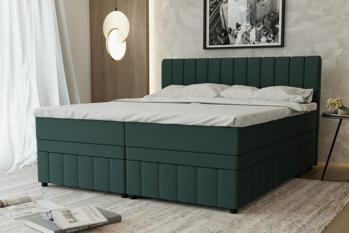 BOXBETT AVALON 180 x 200 cm mit Bettkasten und Topper - Dunkelgrün - Dunkelgrün, Holz - Panda Möbel