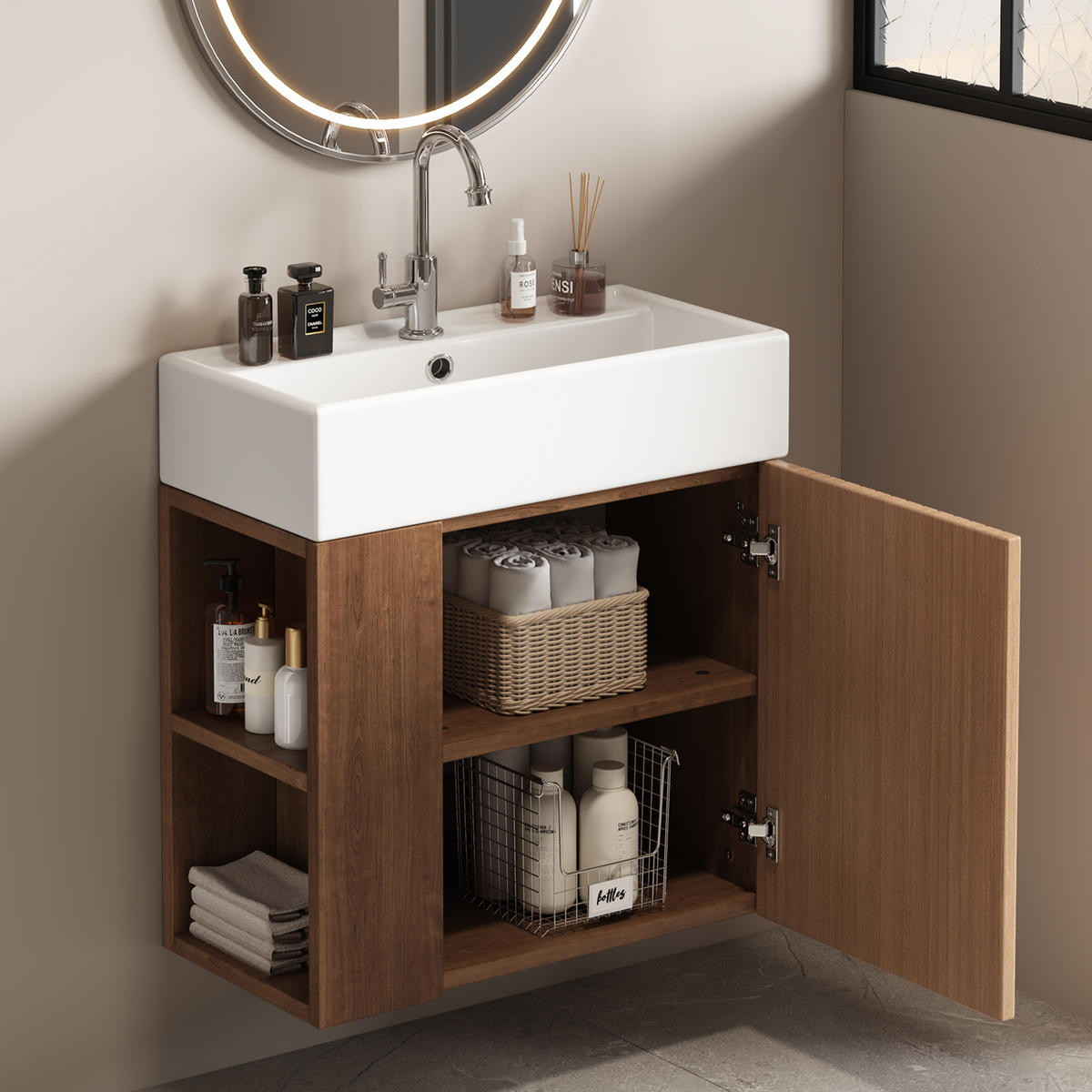 BADMÖBEL Set 55 cm Braun, hängender Waschtischunterschrank mit Waschbecken - Braun, Holz/Keramik (31/66/55cm) - PARAFTA HOME