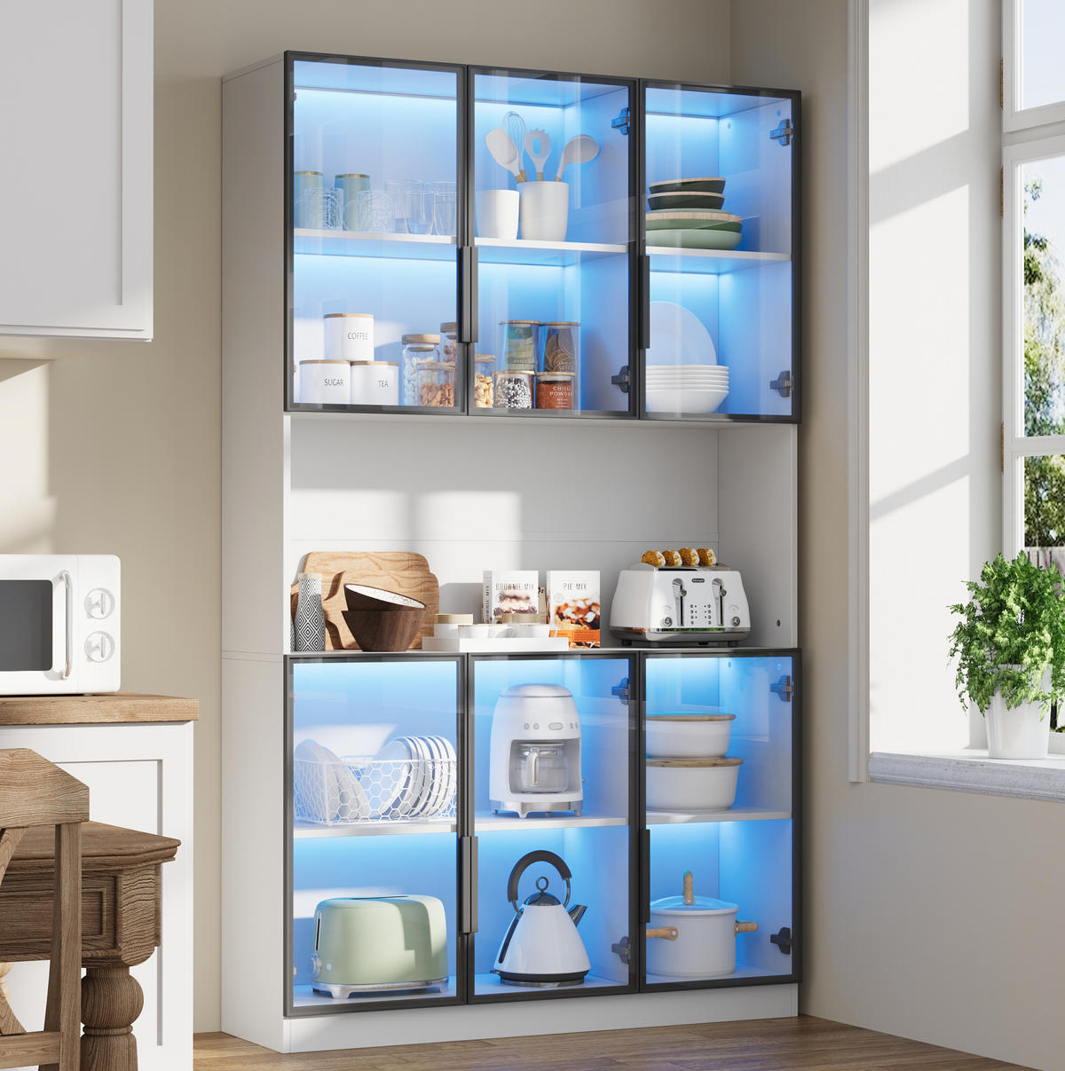 VITRINE 120/34/200 cm aus MDF und Glas mit LED-Beleuchtung und Sanftschluss Weiß - Weiß, Holzwerkstoff (120/200/34cm) - Modenvie