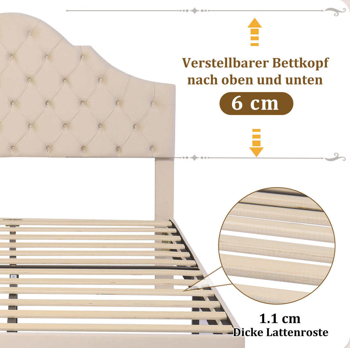 POLSTERBETT 140/190 cm mit höhenverstellbarem Kopfteil, Lattenrost und Samtbezug, Off-White - Weiß, Textil (140/190cm) - Redom
