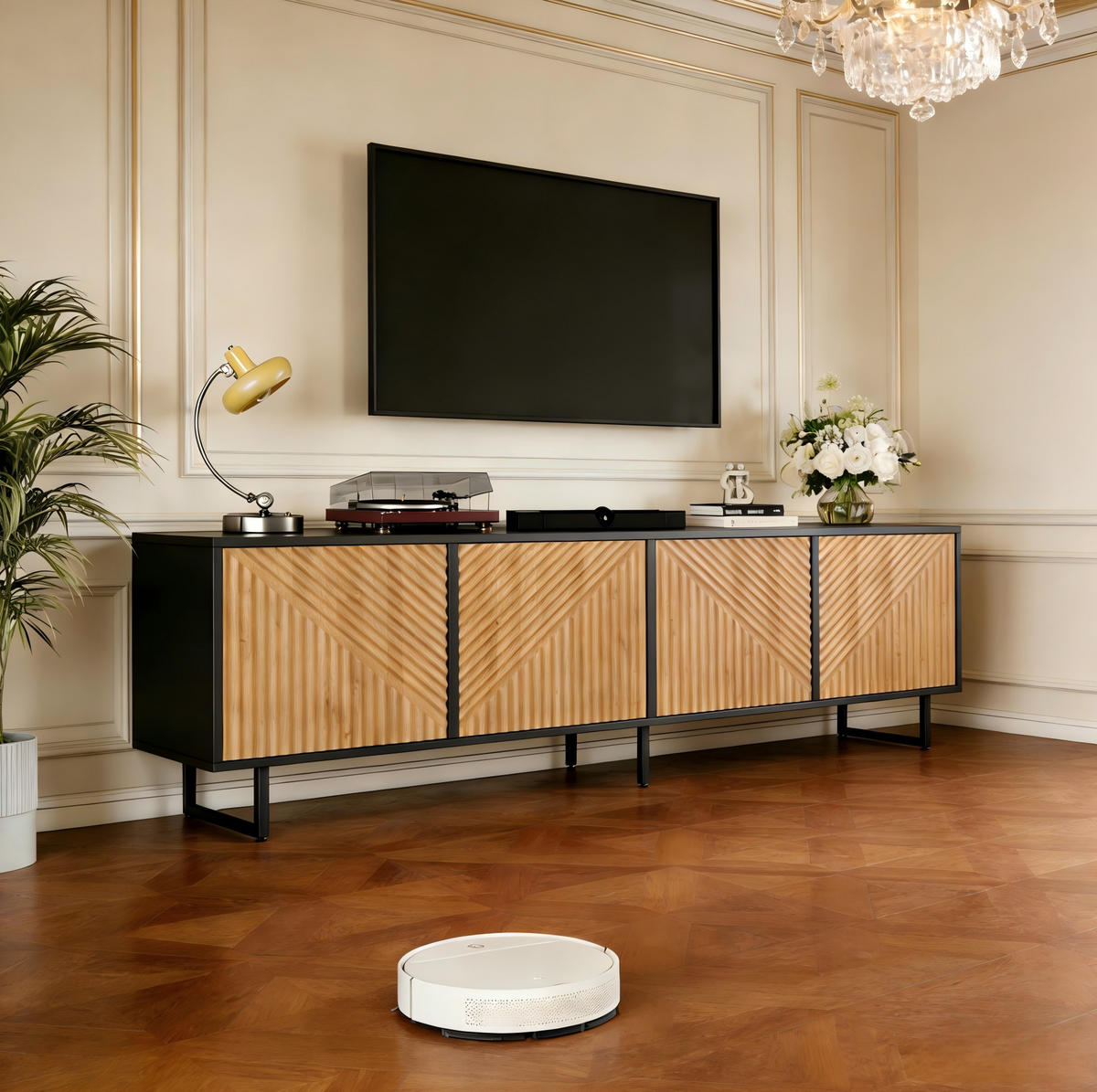 TV STOLEK přírodní barva se 4 dvířky, vakuově tvarovaný design, pro TV do 80", 180 × 40 × 50 cm - přírodní/černá, kov/sklo (180/50/40cm) - STILVORA
