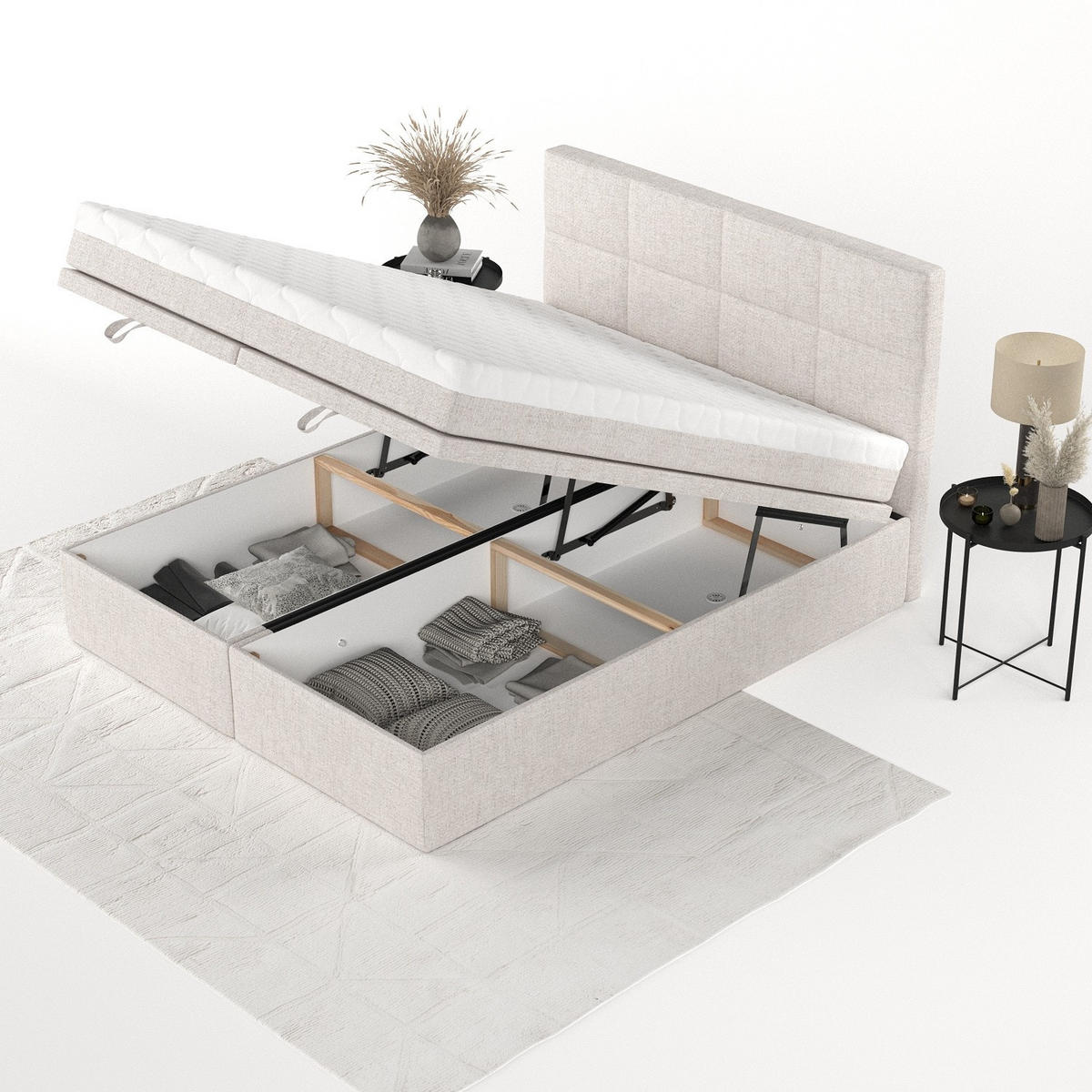 BOXBETT Tessa 200/200 cm Hellbeige im Neve Stoff - Sandfarben/Schwarz, Holz/Holzwerkstoff (200/200cm) - AltaBeds