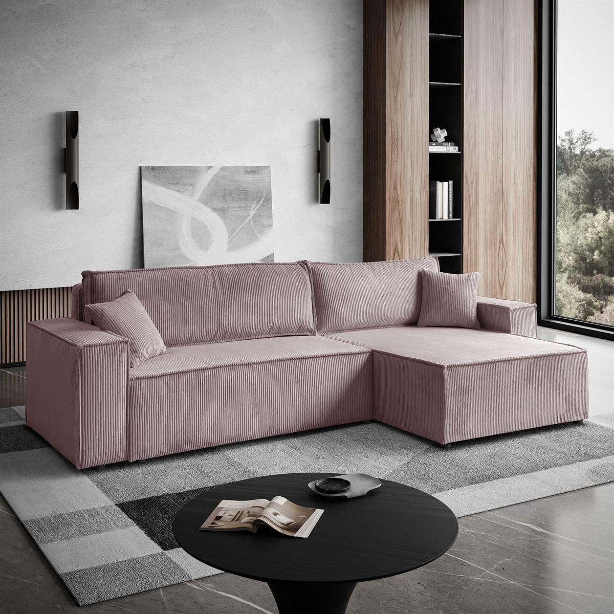 ECKSOFA Gepolstertes CARLO XL Cord mit Schlaffunktion und Bettkasten, Poso 27 - Rosa, Textil (277/143cm) - Lookway