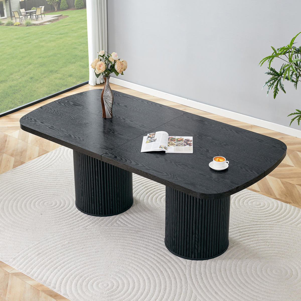 ESSTISCH in Schwarz mit ovaler Tischplatte und geriffeltem Säulenfuß,180/90/76 cm - Schwarz, Holzwerkstoff (90/180/76cm) - BEAOK