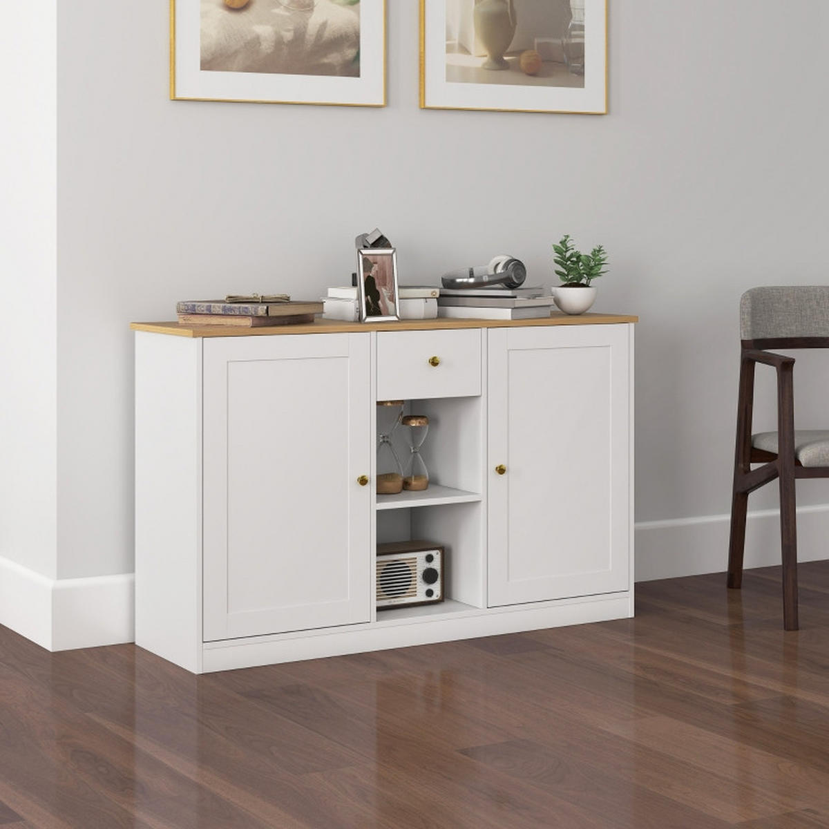 SIDEBOARD DE-38788 120/35/75,2 cm Schublade und 2 Türen und 2 Ablagen Weiß/Gold - Weiß, Holzwerkstoff (120/75.2/35cm) - ComfortXL