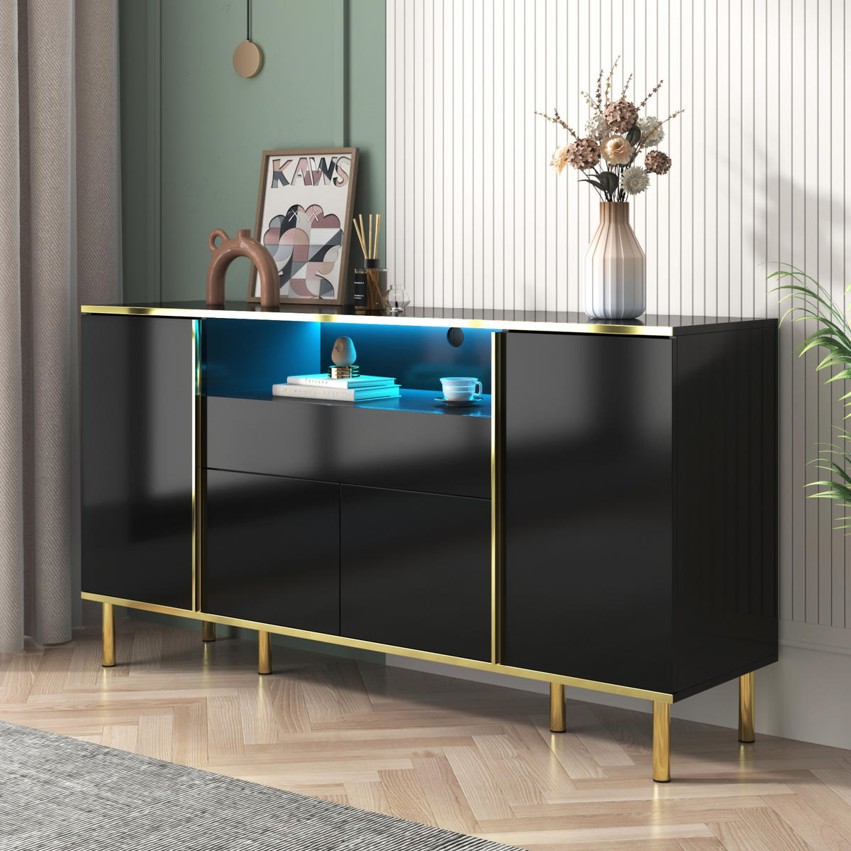 SIDEBOARD Hochglanz 150 x 40 x 80 cm Schwarz mit LED - Schwarz, Holzwerkstoff (150/80/40cm) - Meubliv