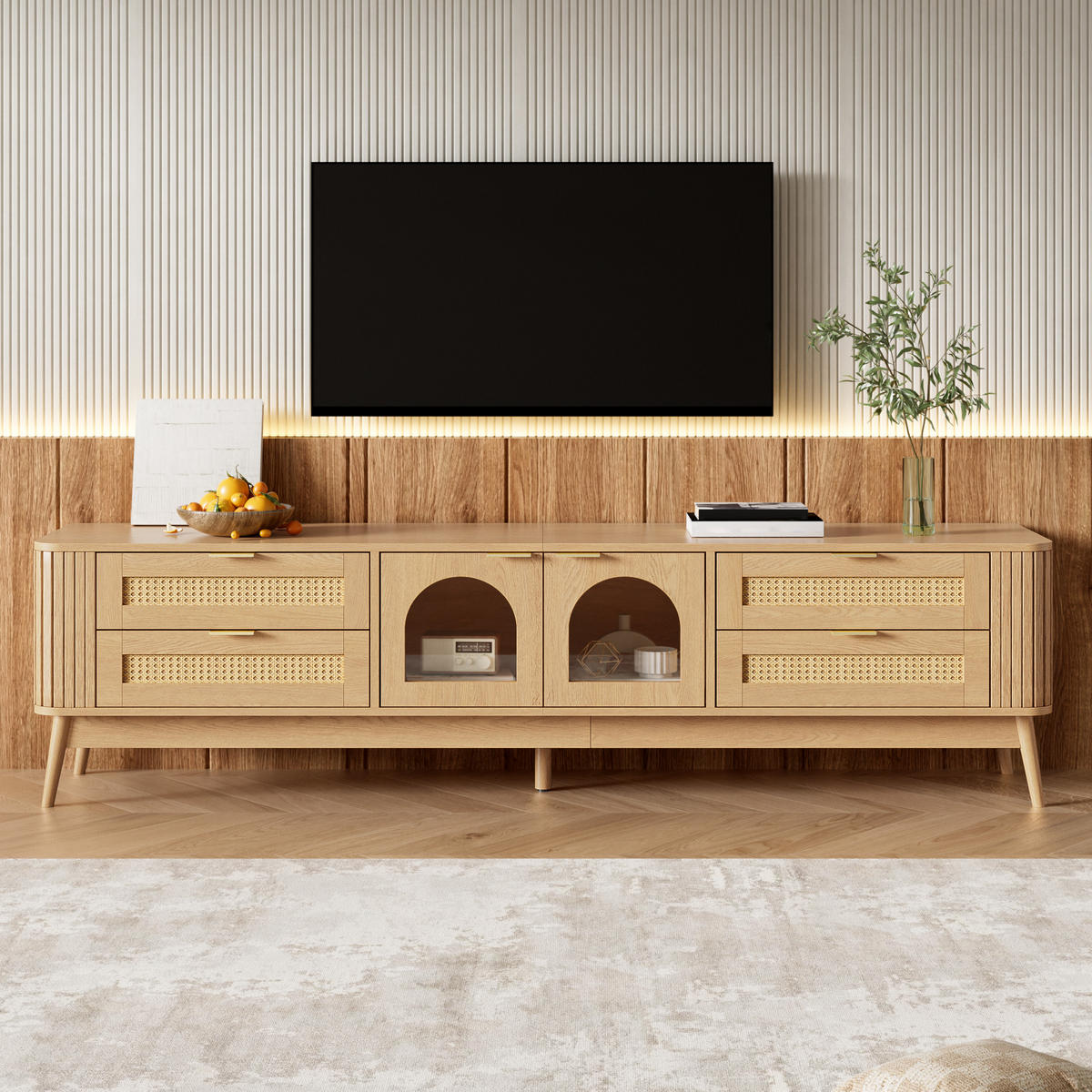 TV-ELEMENT mit Glasfront, App-LED-Beleuchtung und Massivholzfüßen - Eichefarben, Holzwerkstoff (40/50/180cm) - Korfee
