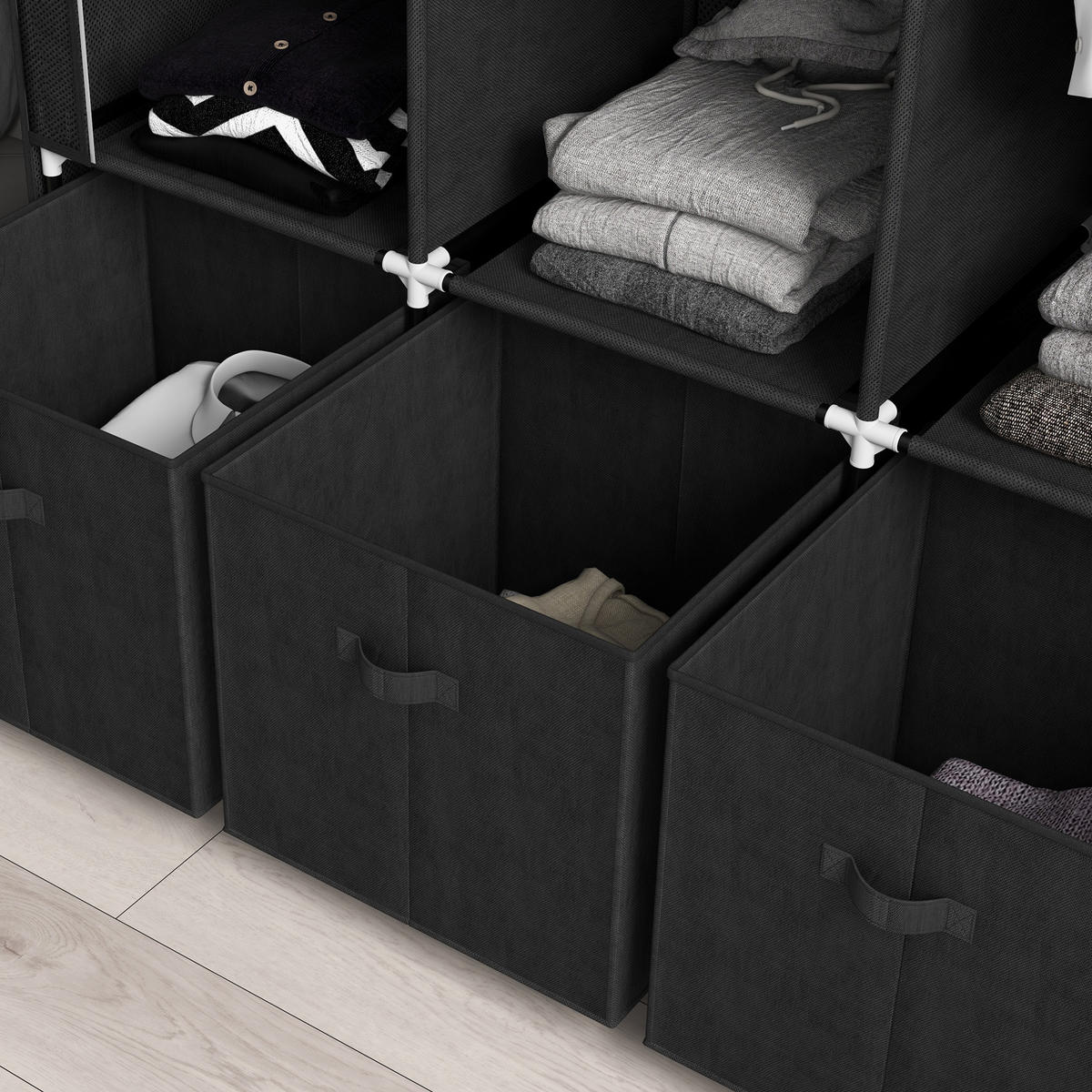 STOFFSCHRANK aus Vlies, Faltschrank, inkl. 3 Schubladen, 125 cm x 43 cm x 162,5 cm, Schwarz - Schwarz, Metall (125/162.5/43cm)