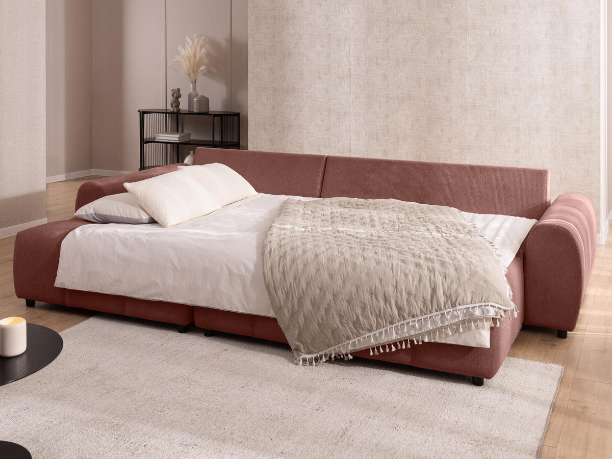 ECKSOFA inkl. Hocker Bubble mit Schlaffunktion und losen Rückenkissen, Sitzfläche Bubble-Optik aus weichem Terrakotta Strukturstoff - Ottomane Links - Terracotta/Schwarz, Holz/Kunststoff (180/306cm) - S-Style Möbel