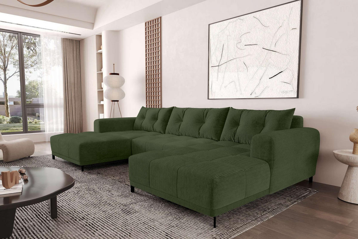 WOHNLANDSCHAFT Massimo Cordstoff Olivgrün inkl. Schlaffunktion - Schwarz/Olivgrün, Textil/Metall (356/94/181cm) - 99rooms