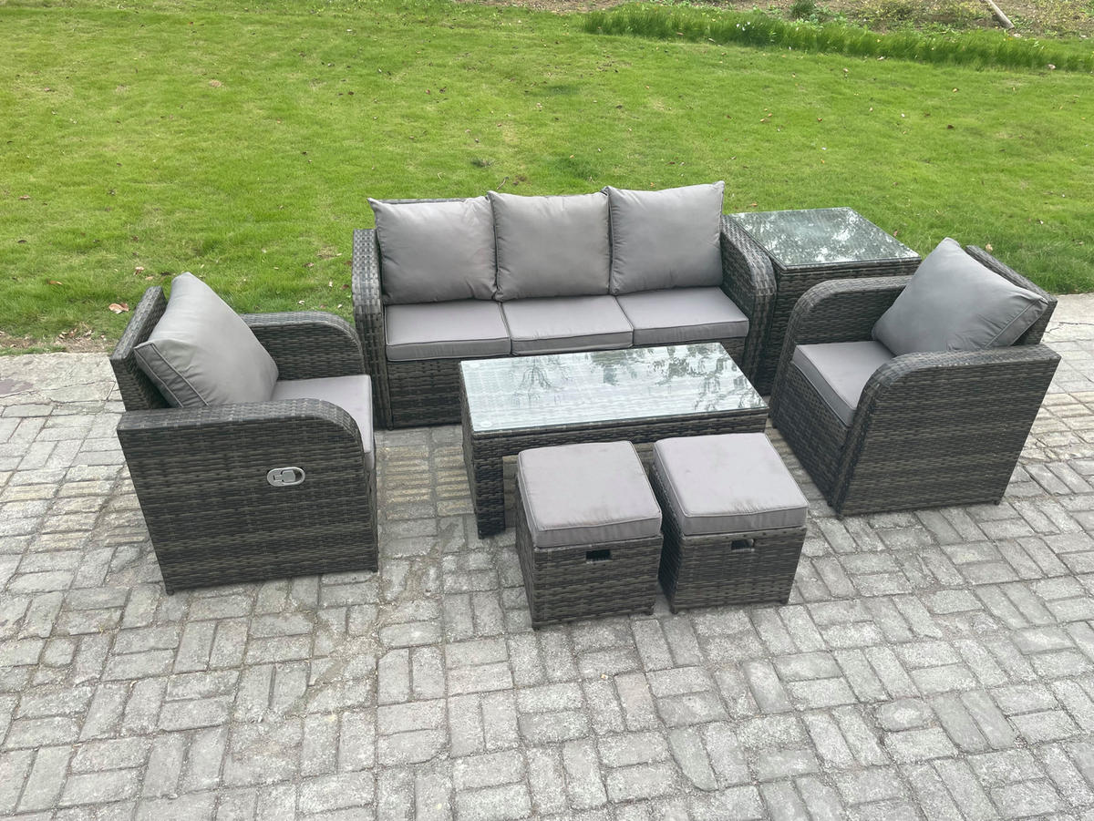 GARTENSOFA SET mit LIEGESTUHL Polyrattan 7-Sitzer Dunkelgrau - Dunkelgrau/Grau, Glas/Kunststoff - Fimous