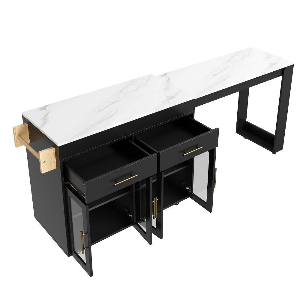 KÜCHENINSEL mit ausziehbarem Bartisch, Glastüren und Stauraum, Schwarz-Marmoroptik, 132,5-217/50/93 cm - Schwarz, Kunststoff (50/93/217cm) - Rolipo