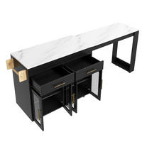 KÜCHENINSEL mit ausziehbarem Bartisch, Glastüren und Stauraum, Schwarz-Marmoroptik, 132,5-217/50/93 cm - Schwarz, Kunststoff (50/93/217cm) - Rolipo