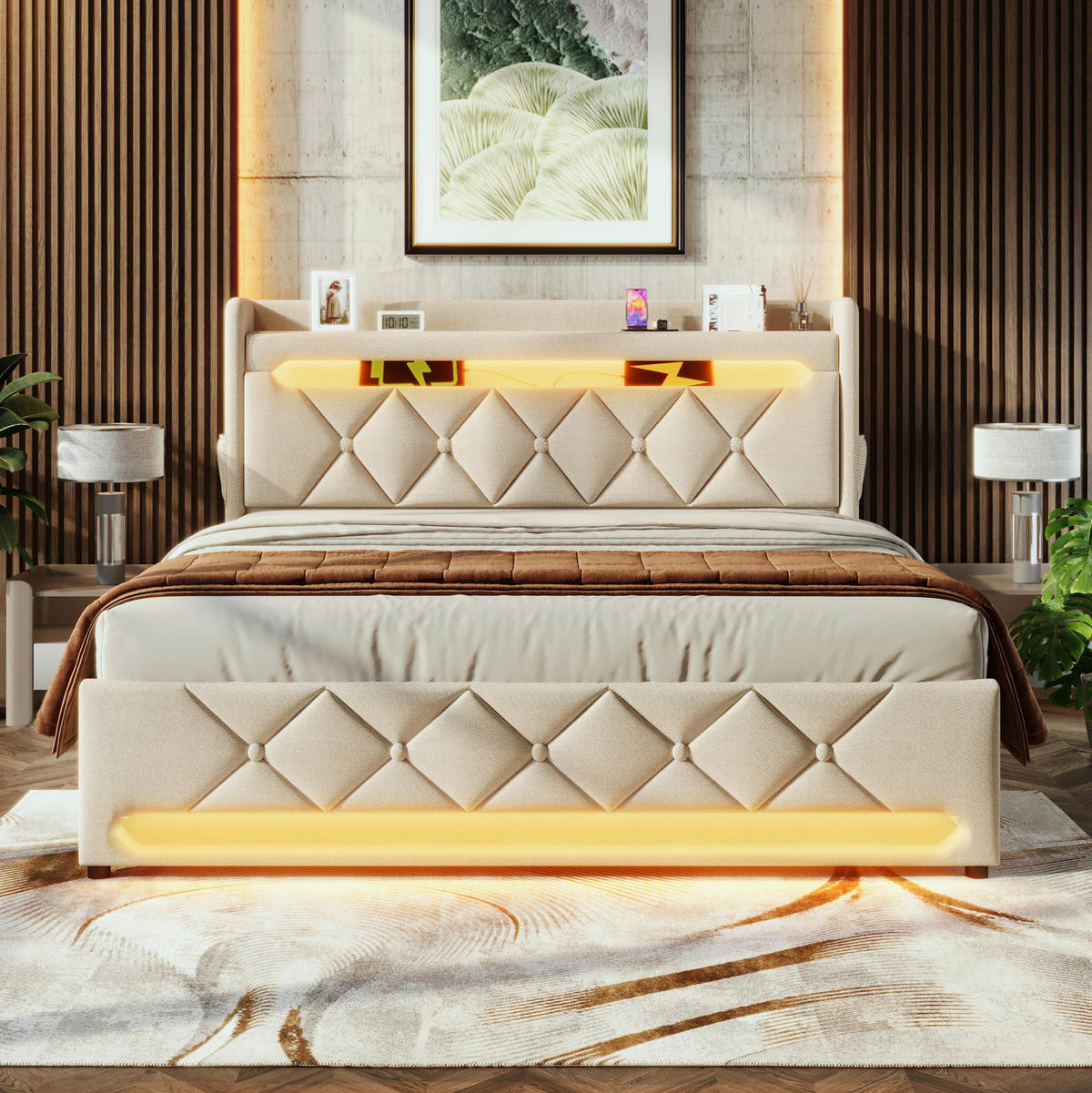 POLSTERBETT mit Stauraum und LED 140x190 cm Beige - Beige, Metall (140/190cm) - Meubliv
