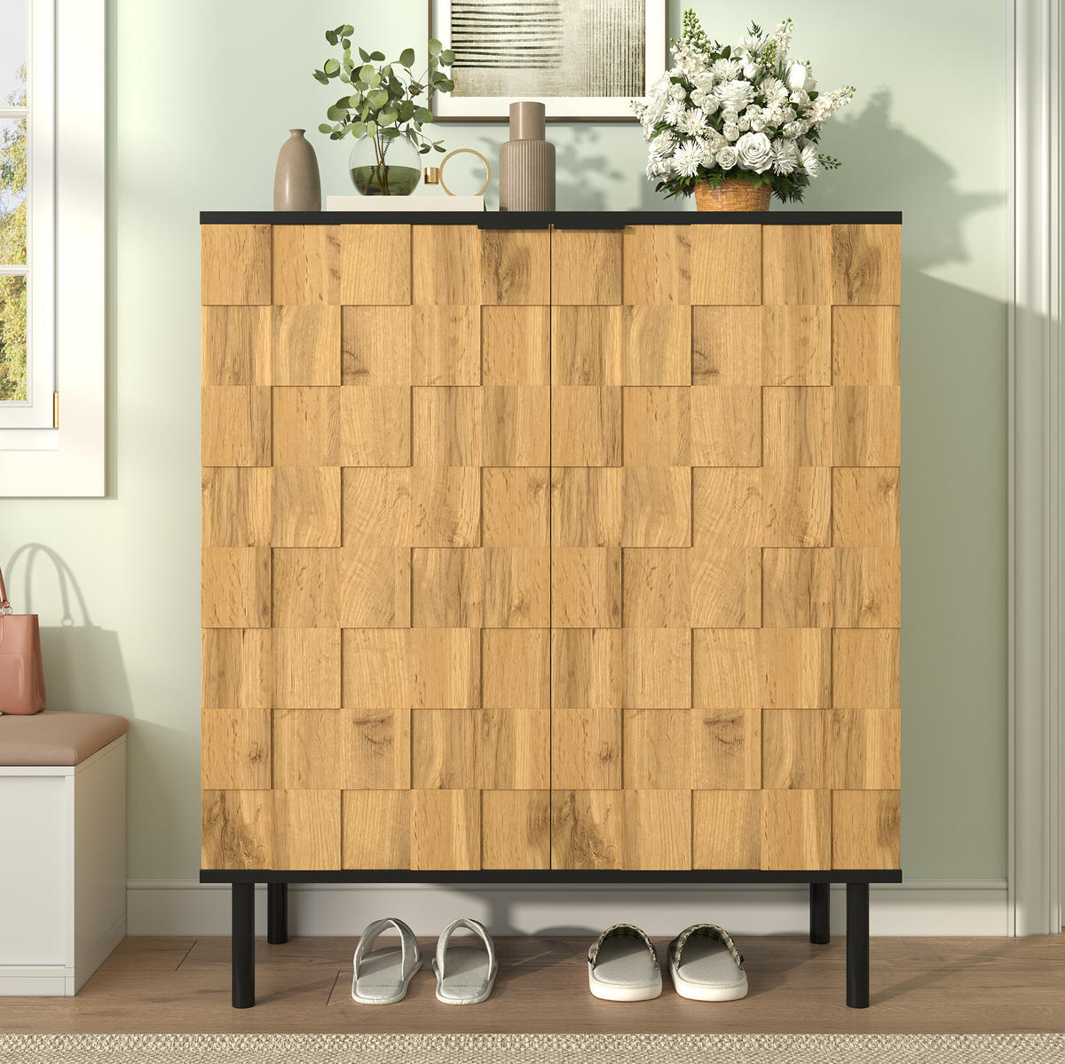 SCHUHSCHRANK 80/35/91,5 cm mit 2 Türen, höhenverstellbaren Fächern und Mosaikfront, Natur - Naturfarben, Holzwerkstoff (80/91/35cm) - Redom