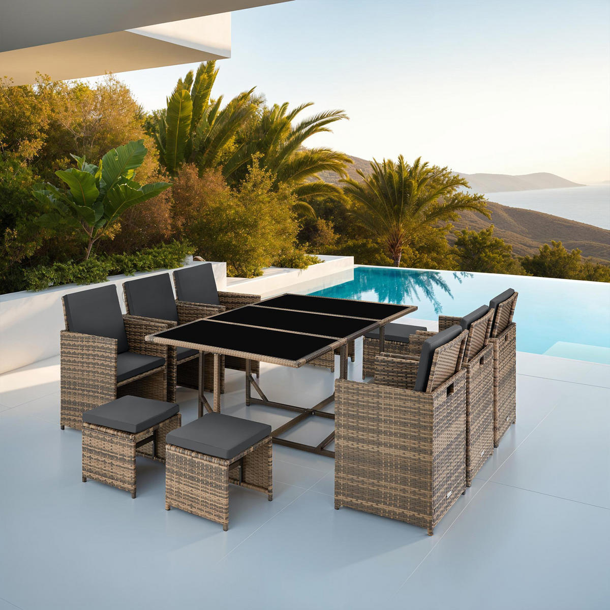 RATTAN SITZGRUPPE Malaga,zusammenschiebbar, inklusive Schutzhülle,natur - Naturfarben, Kunststoff - tectake