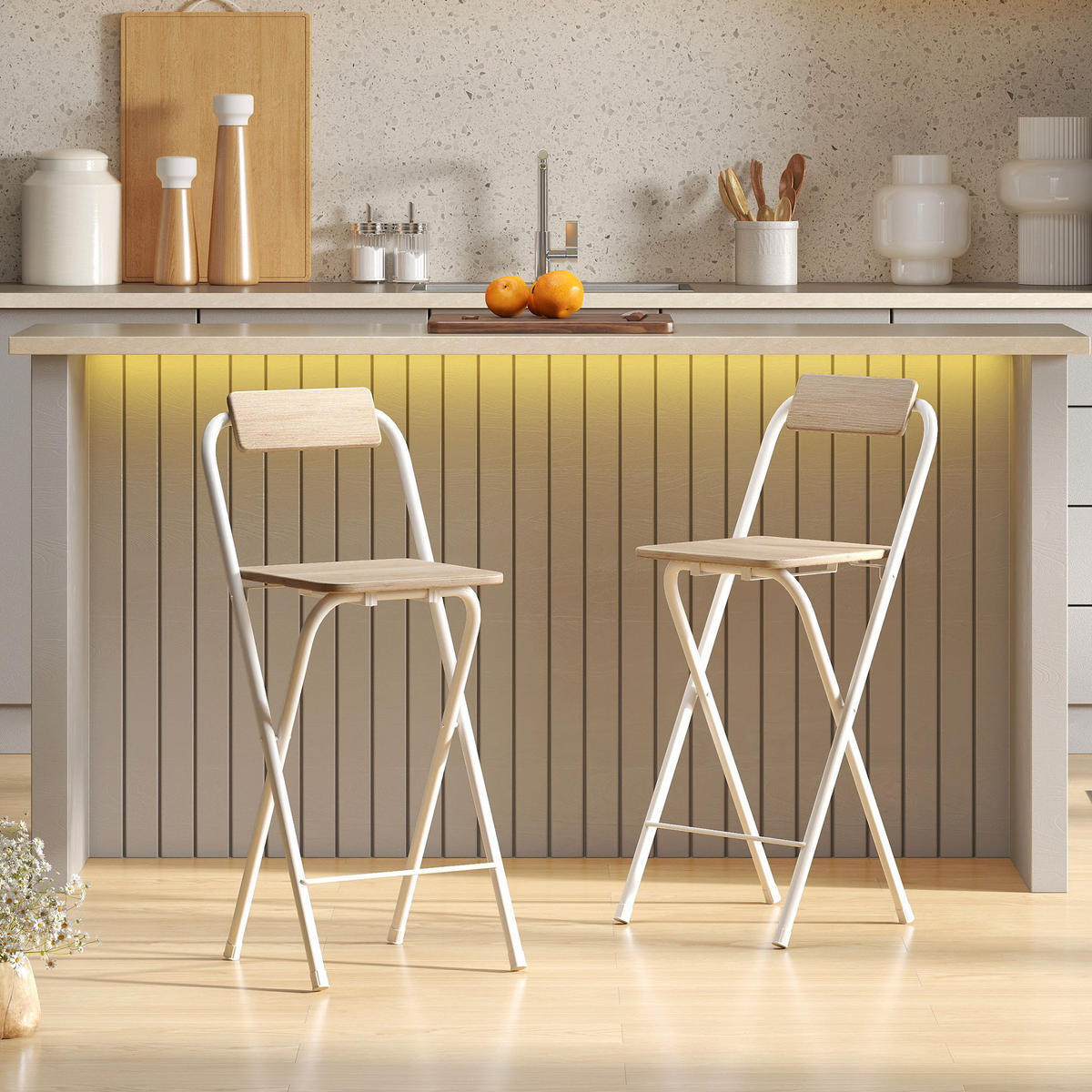 BARHOCKER 2er-Set DE-14766 klappbar mit Rückenlehne und Fußstütze Holzoptik - Naturfarben, Metall (37/87/45cm) - ComfortXL