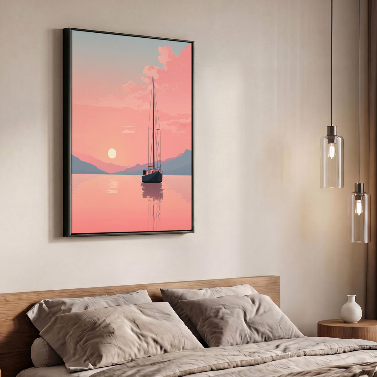 LEINWAND Bilder mit Rahmen - Segelboot - Rosa Meer - Sonnenuntergang - Berge - 70x100 - Rosa, Textil (70/100cm) - MuchoWow