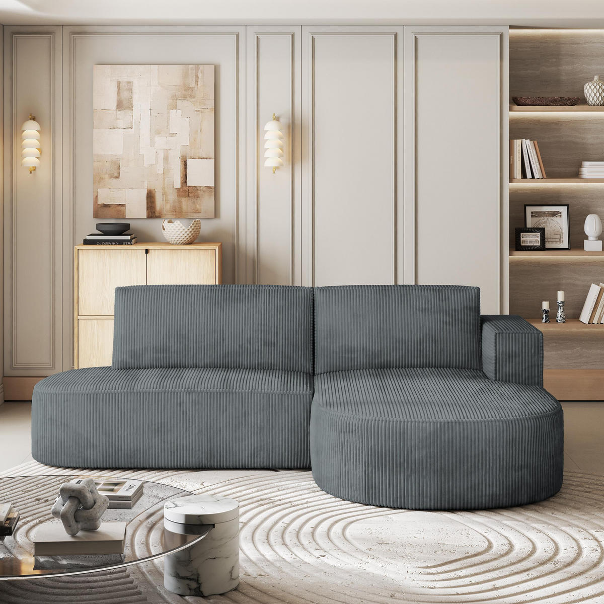 ECKSOFA CORTIO P R-S Grau Kordstoff mit Schlaffunktion - Grau, Holz (265/174cm) - MASSENO