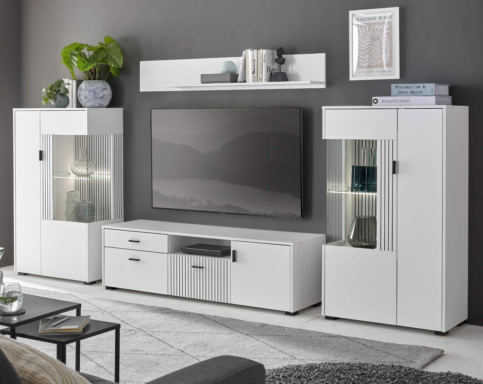 WOHNWAND weiß matt, Wohnkombination 4-teilig 320 x 170 cm - Weiß, Holzwerkstoff/Metall (320/180/42cm) - Furn.Design