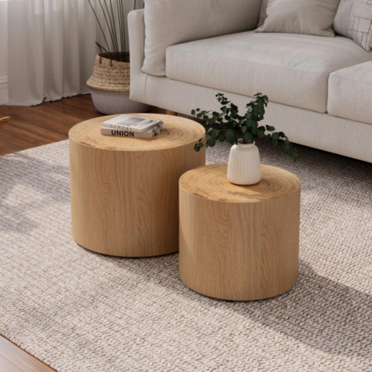 COUCHTISCHE 2er Set runde Nesting-Tische aus Naturholz mit echter Baumring-Optik – platzsparender Beistelltisch für Wohnzimmer, Schlafzimmer, Balkon & - Eukalyptusholzfarben, Holzwerkstoff (48/48/38cm)