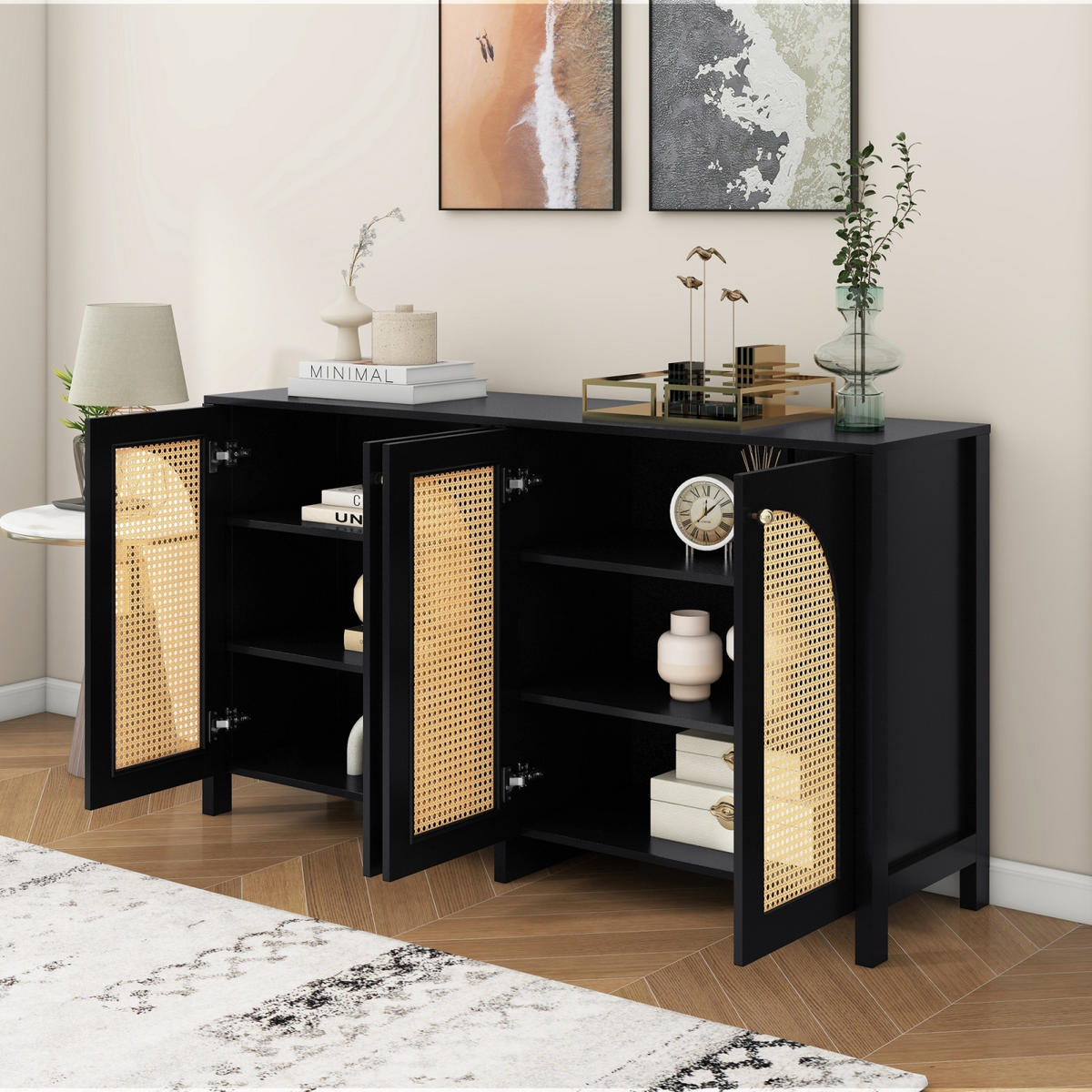 SIDEBOARD 145x40x80 cm, 4 Türen, Rattanoptik, Schwarz - Schwarz, Holz (145/80/40cm)