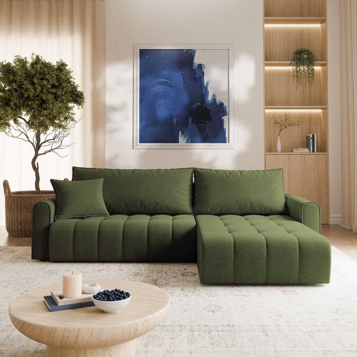 ECKSOFA FRIGA Olivgrün Strukturstoff mit Schlaffunktion - Olivgrün, Holz (283/185cm) - MASSENO
