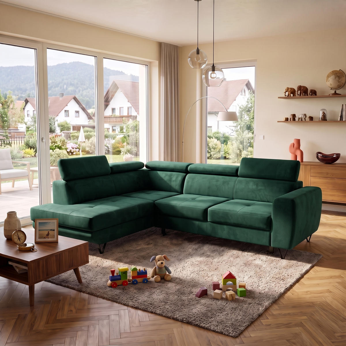 ECKSOFA JUNIOR L Links mit Schlaffunktion 194x128 Velours Dunkelgrün - Dunkelgrün/Schwarz, Holz/Textil (249/184cm) - Muffo