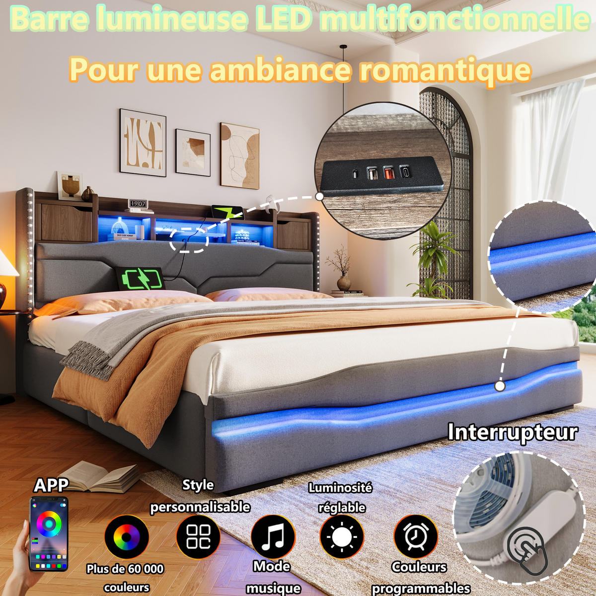 POLSTERBETT 180x200 cm LED USB grau - Grau, Textil (180/200cm) - LEBENLANG