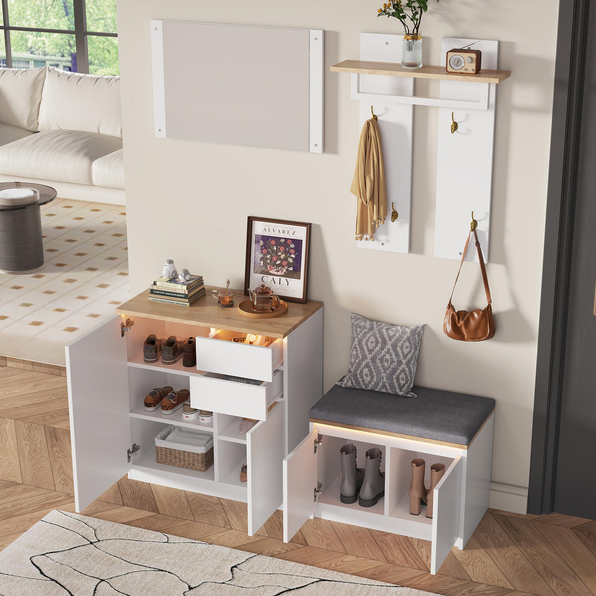 GARDEROBE 130x35x124.5cm mit Spiegel, LED und Schuhbank - Weiß, Holzwerkstoff (130/124.5/35cm) - FLIEKS
