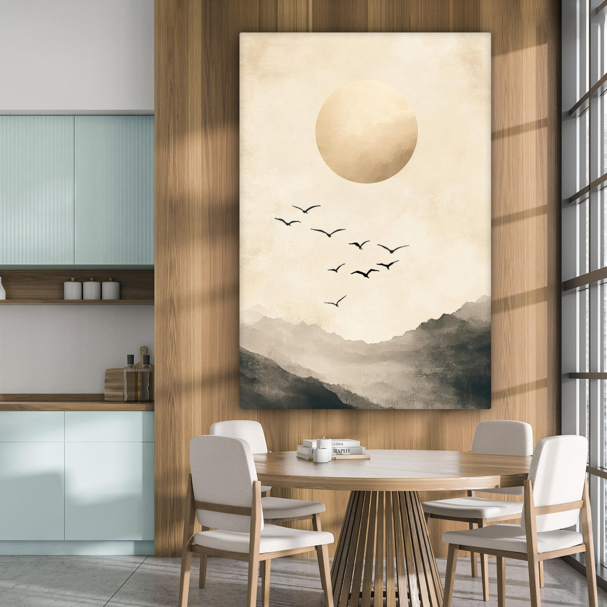 LEINWANDBILD Landschaft - Japandi - Vogel 90x140 cm - Beige, Textil (90/140cm) - MuchoWow