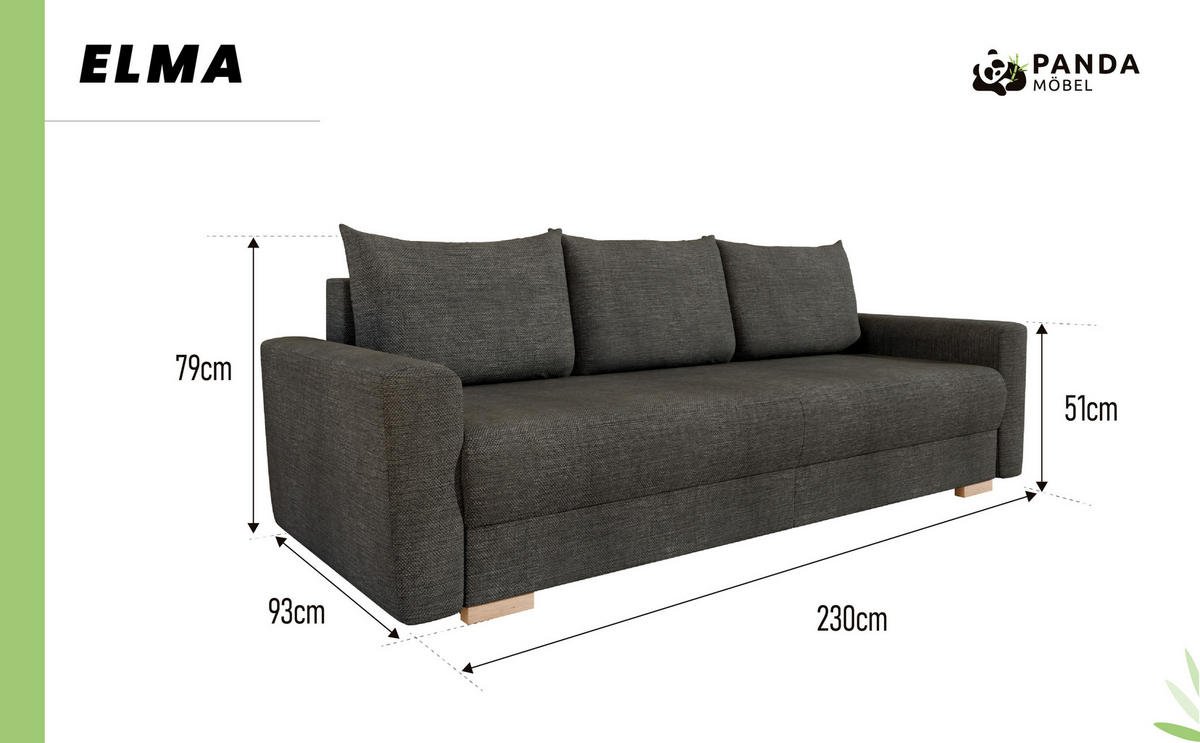 3-SITZER-SCHLAFSOFA ELMA mit Bettfunktion, anthrazit - Anthrazit, Holz (92.5/79/230cm) - Panda Möbel