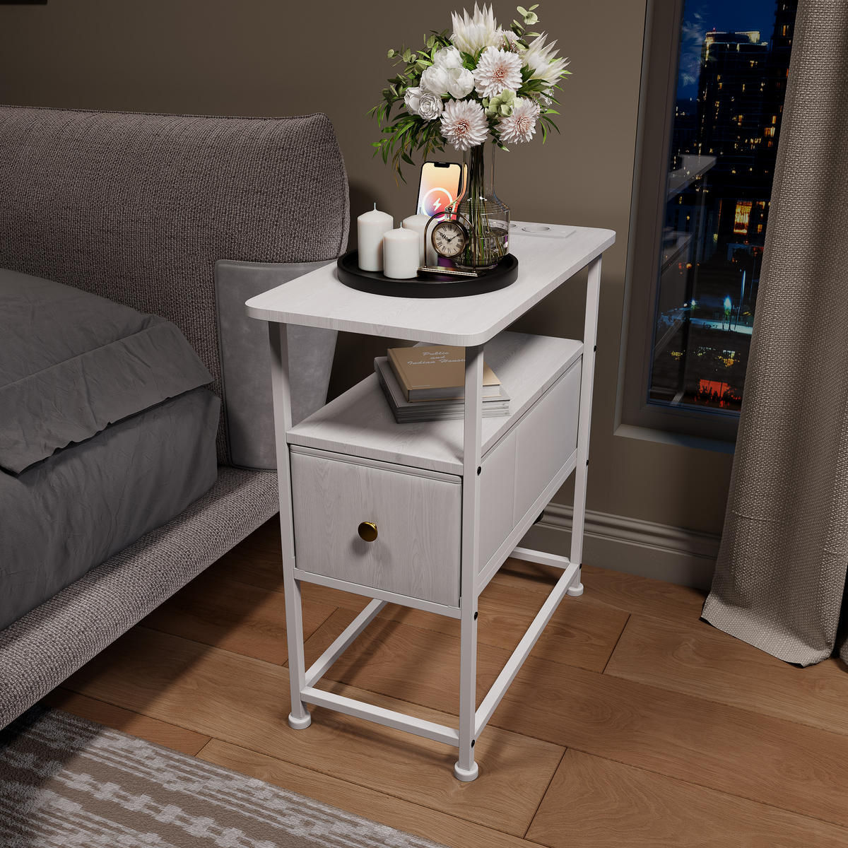 NACHTTISCH LED USB Schublade offene Fächer weiß - Weiß, Holz (60/62/30cm) - LEBENLANG