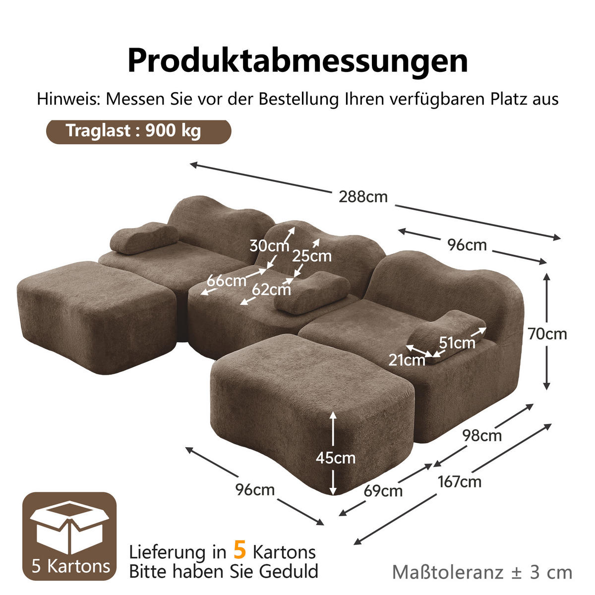 WOHNLANDSCHAFT DE-34348 3-Sitzer mit 2 Ottomans Braun - Braun, Textil (167/70/288cm) - ComfortXL