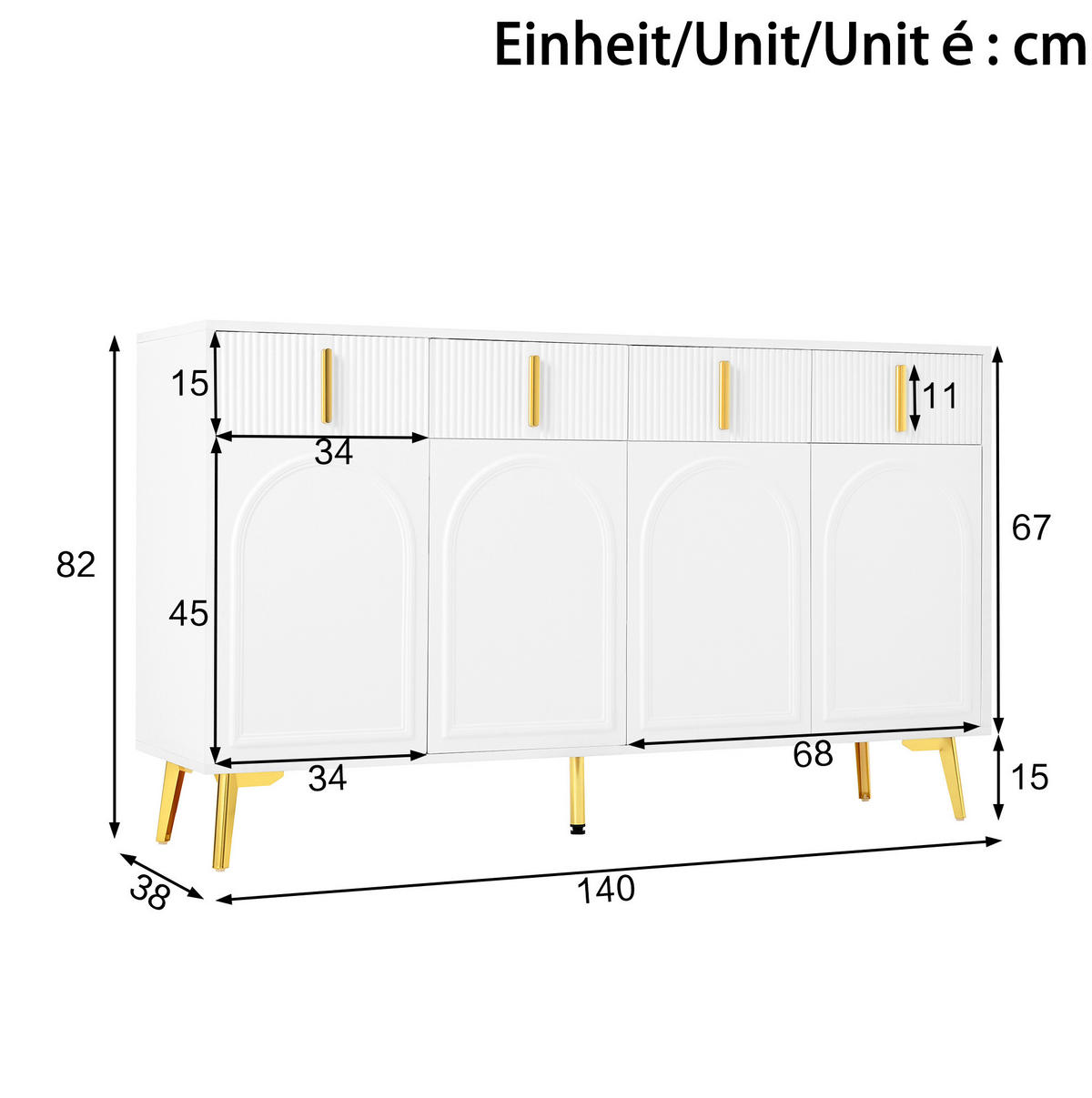 SIDEBOARD 140/38/82 cm Weiß aus MDF mit goldfarbenen Griffen und Beinen - Weiß, Holzwerkstoff (38/82/140cm) - OKMYHOME