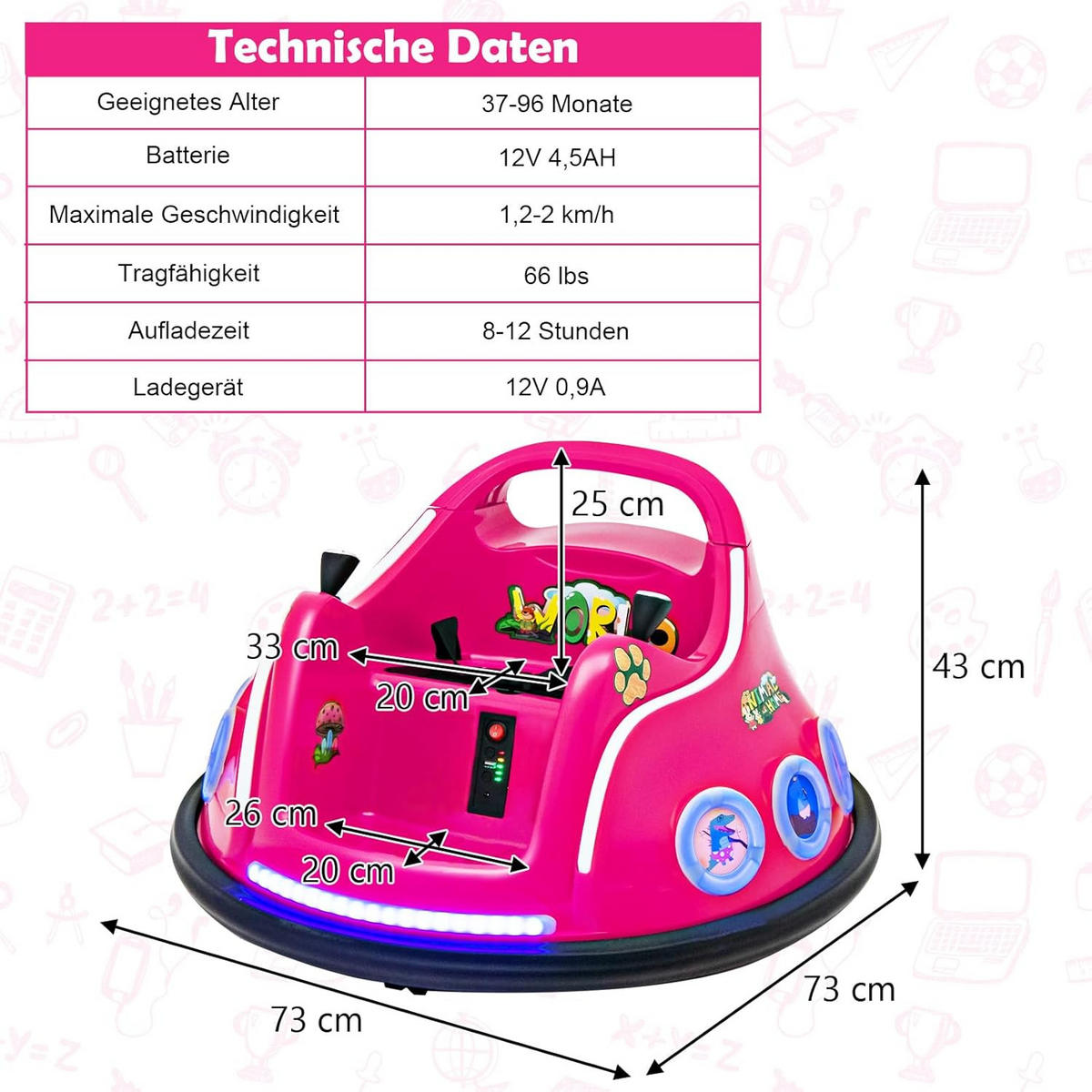 AUTOSCOOTER 12V detský ružový - pink, plast (73/43/73cm) - COSTWAY