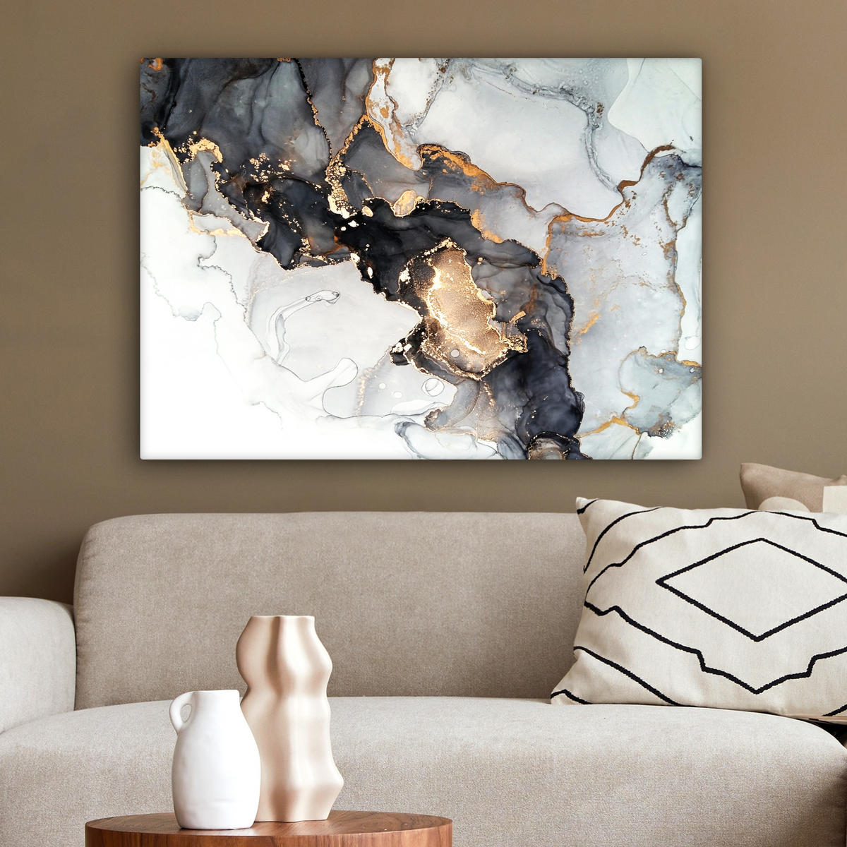 LEINWANDBILD Marmor - Schwarz - Weiß - Gold - Luxus - Abstrakt Wandbilder 80x60 cm - Goldfarben, Textil (80/60cm) - MuchoWow