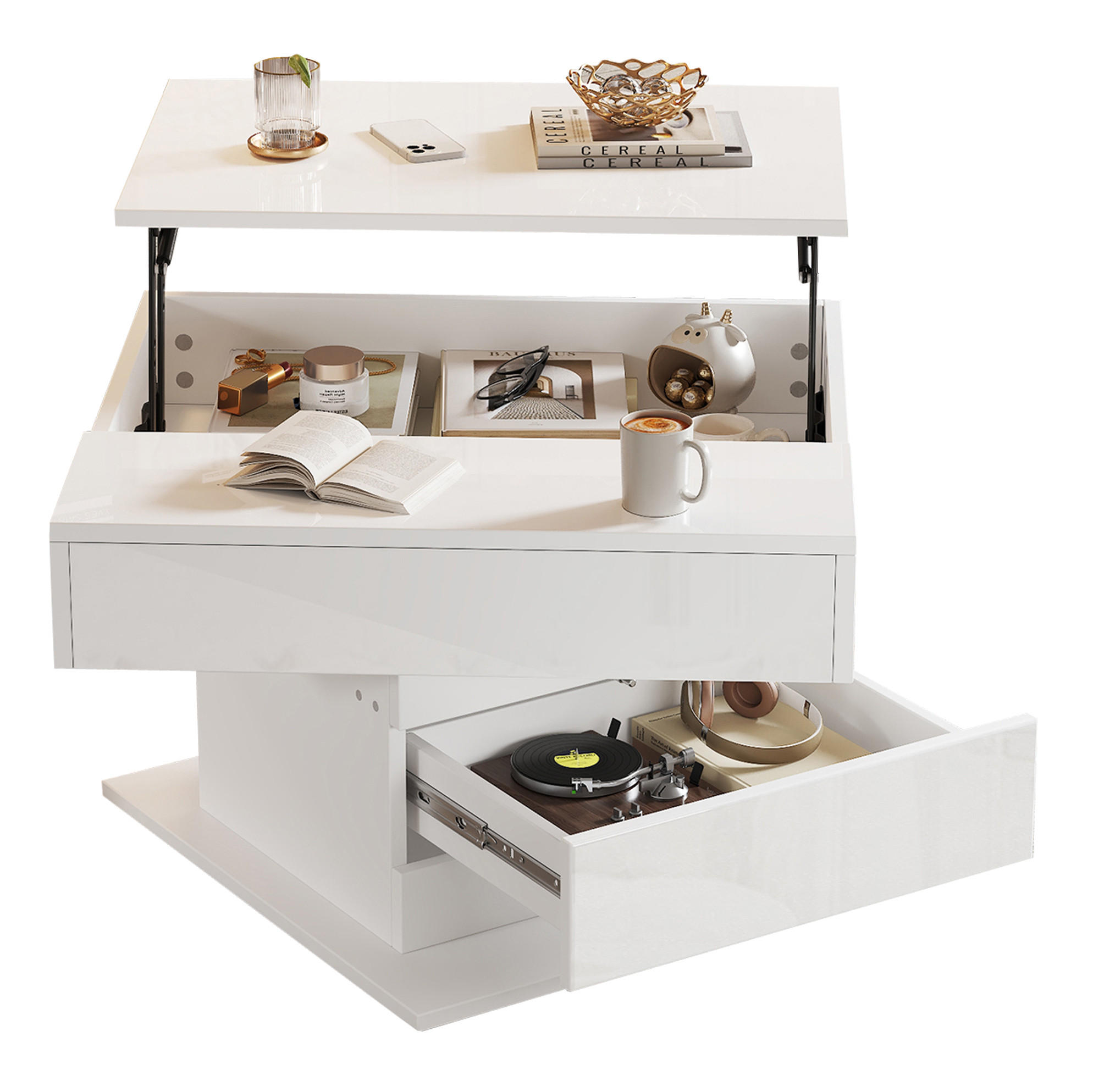 KONFERENČNÍ stolek 70/70/45 cm bílý z dřevotřísky s otočnou a výklopnou deskou - bílá, kompozitní dřevo (70/70/45cm) - OKWISH