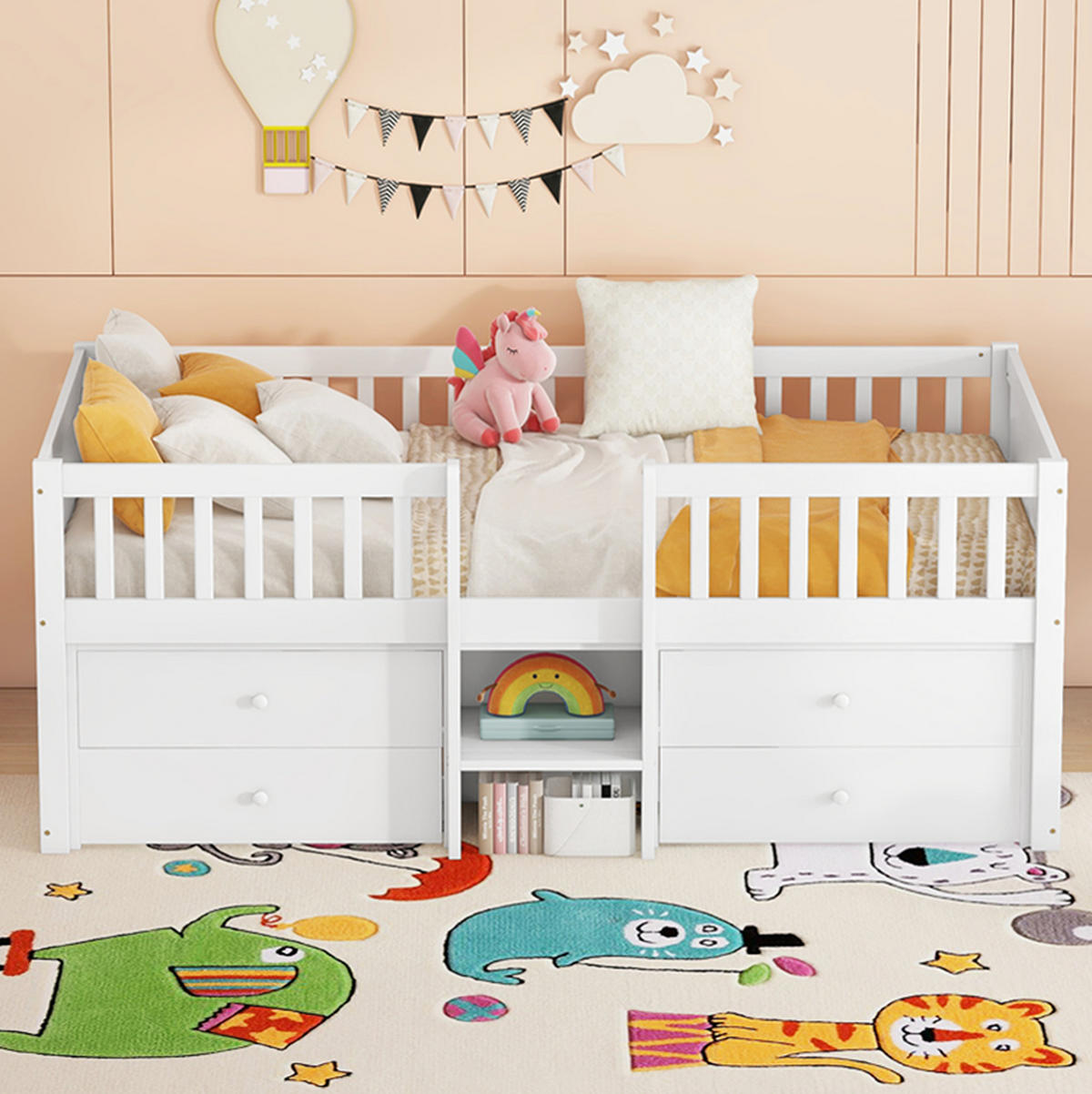 HOCHBETT Kinderbett 90/200 cm aus Kiefernholz und MDF mit 4 Schubladen Weiß - Weiß, Holz (90/200cm) - Modenvie