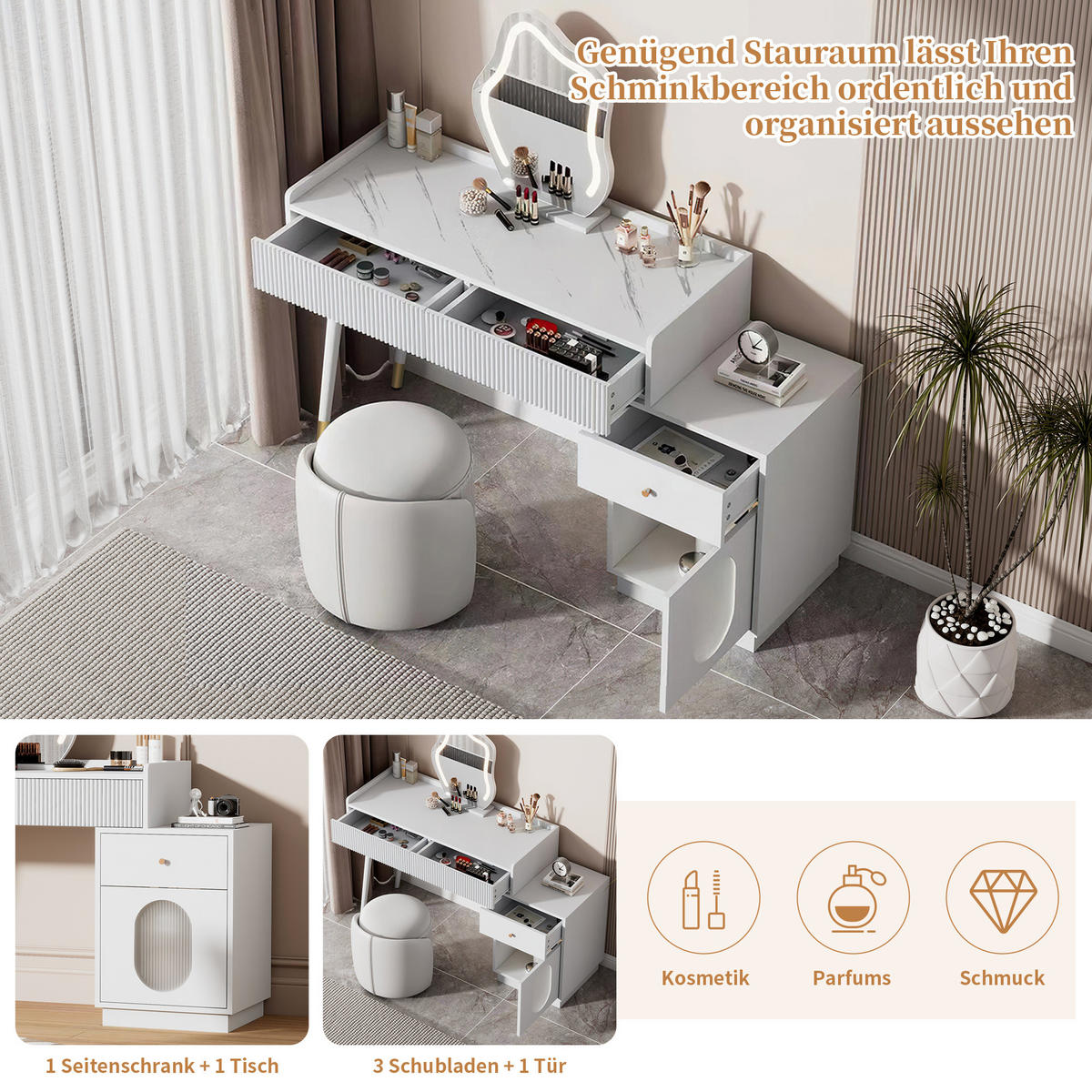 SCHMINKTISCH 100/40/75 cm weiß aus Spanplatte mit LED-Spiegel - Weiß, Holzwerkstoff (40/75/100cm) - OKWISH