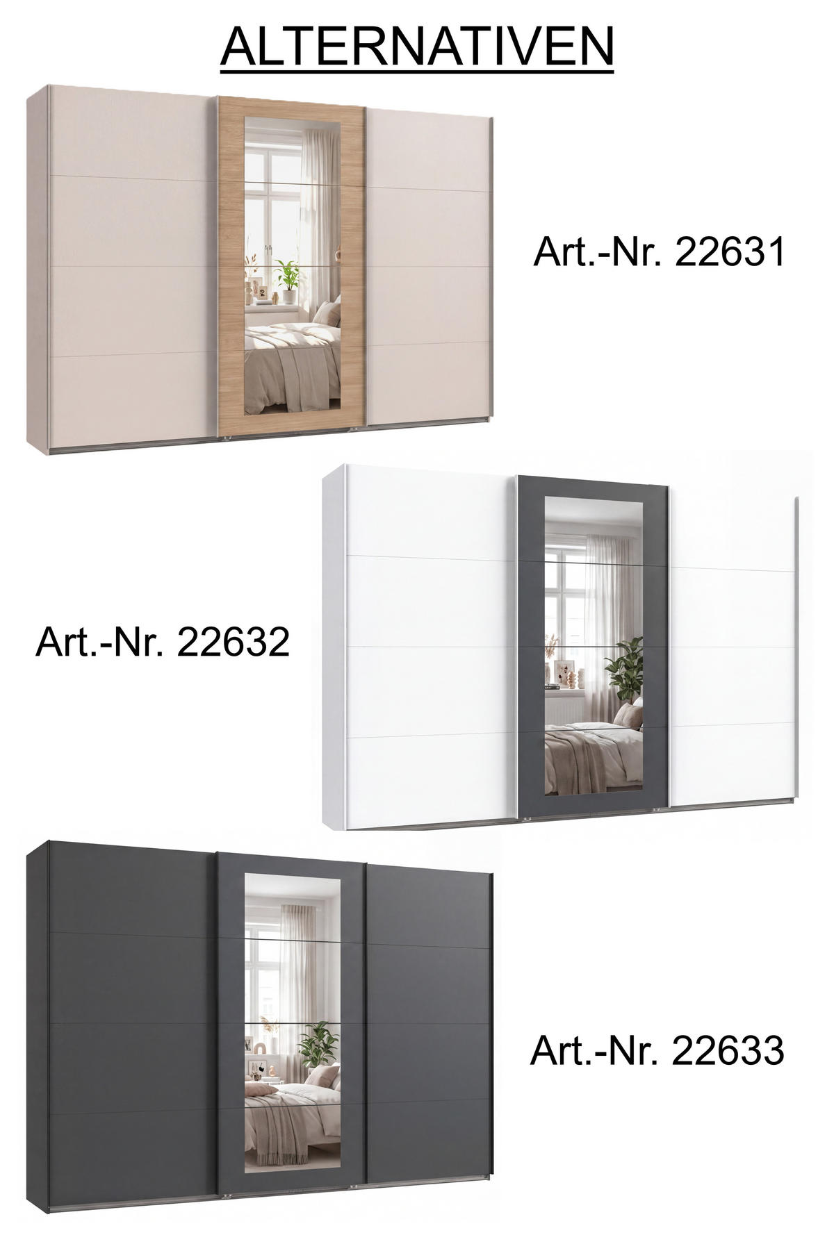SCHWEBETÜRENSCHRANK 3-türig B313/H208/64 cm Kleiderschrank in Grafit, mittig Spiegel, Griffe Schwarz / 22633 - Schwarz/Graphitfarben, Holzwerkstoff/Metall (313/208/64cm) - luma-home