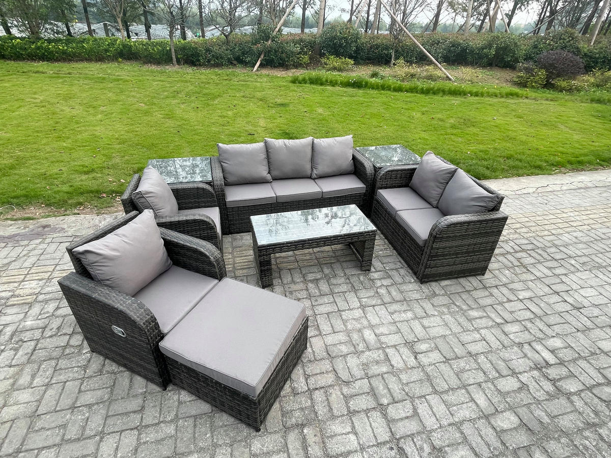 GARTENSOFA SET mit rechteckigem COUCHTISCH Polyrattan 8-Sitzer Dunkelgrau - Dunkelgrau/Grau, Glas/Kunststoff - Fimous
